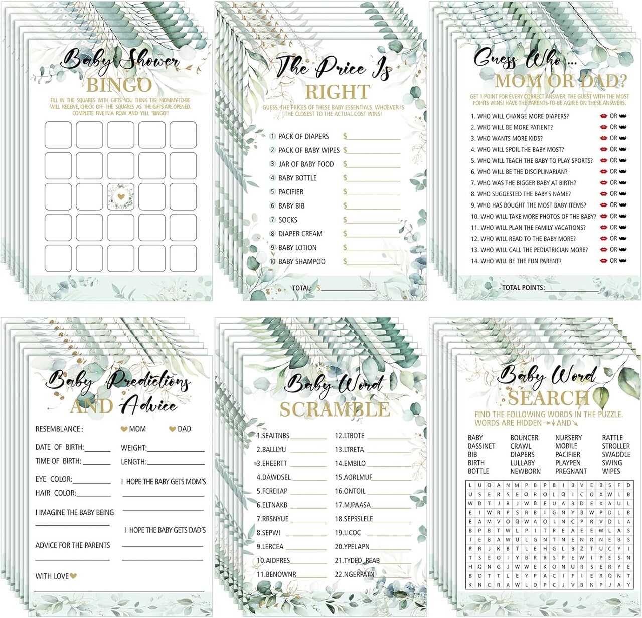 302 Pcs Greenery Eucalyptus Baby Shower Games 6 Games Activities for 50 Guests Include Baby Shower Bingo, Word Scramble, Word Search, Predictions and Advice, The Price is Right, Guess Who